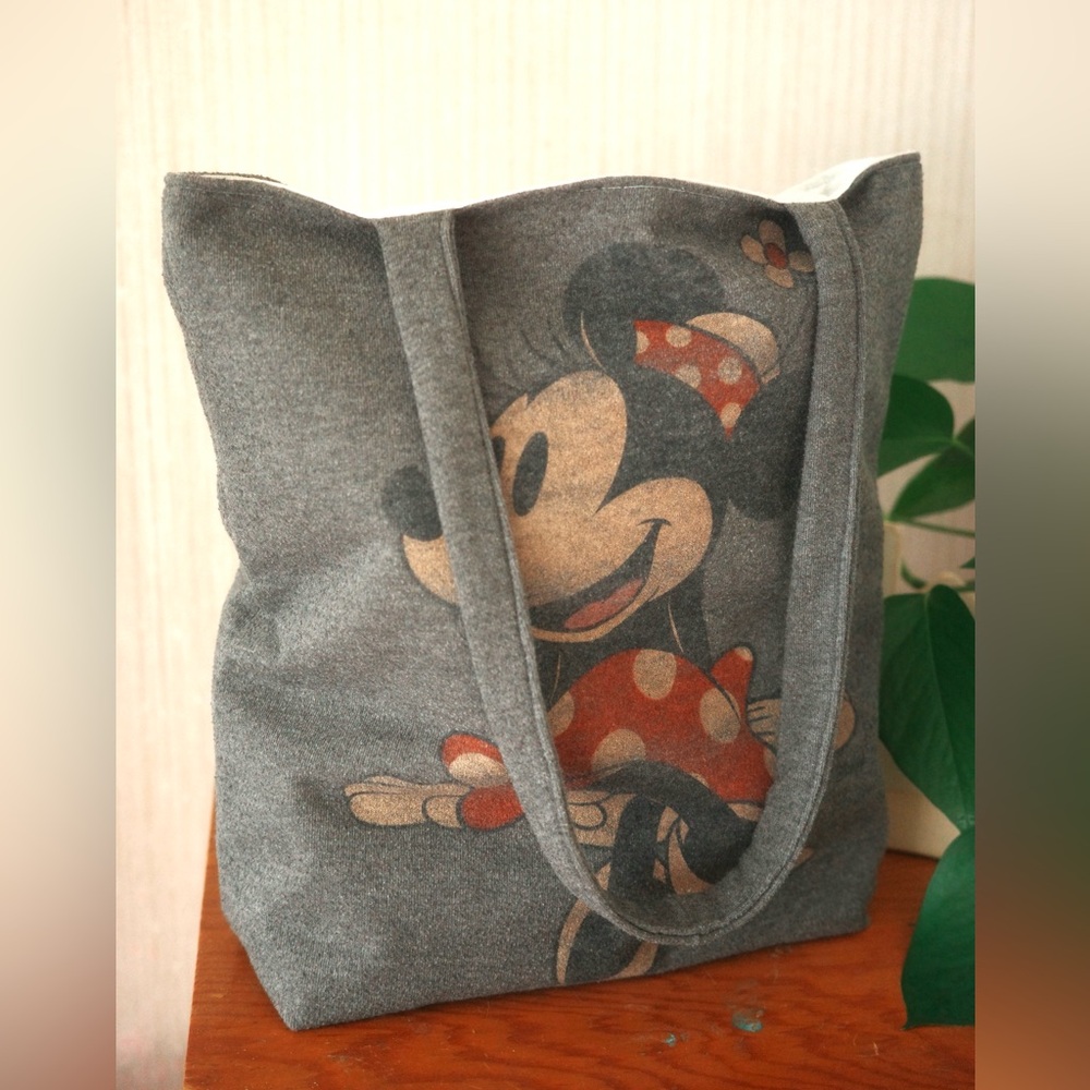 Handmade upcycled gray Disney Minnie Mouse reusable lined tote bag